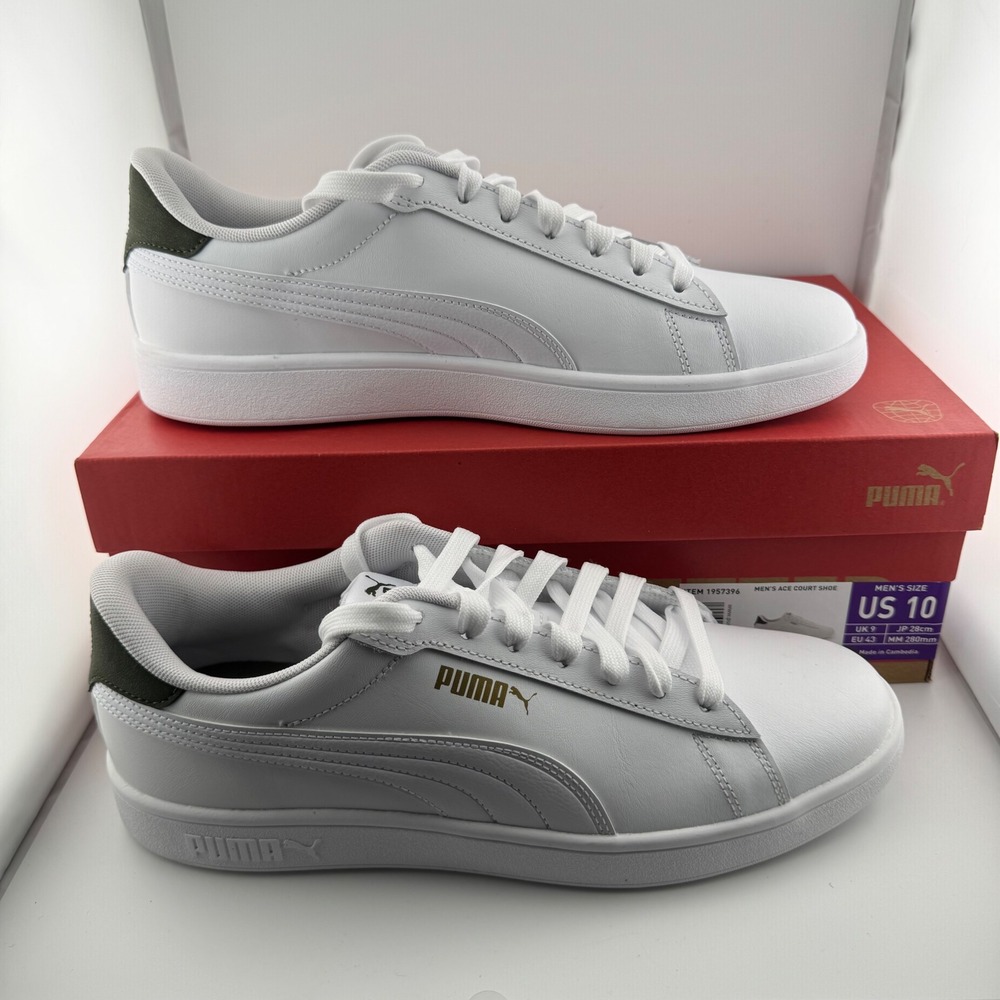 Puma Ace Court Shoe Mens 10 White Dark Green Low Top Sneakers 1957396 NEW